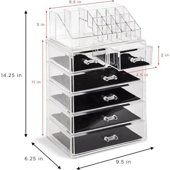 Clear acrylic makeup organizer with drawers vanity storage case for jewelry